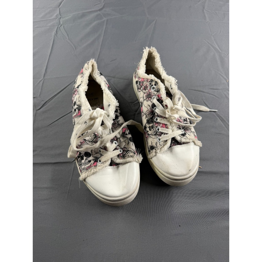 Womens EU 41 Skull Floral Canvas Sneakers Distressed Frayed Pink Black Shoes